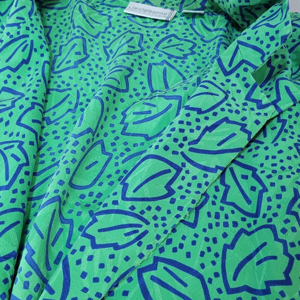 VTG Liz Claiborne Green 100% Silk Leaf Print Unlined Lightweight Jacket Size MP - Picture 5 of 13